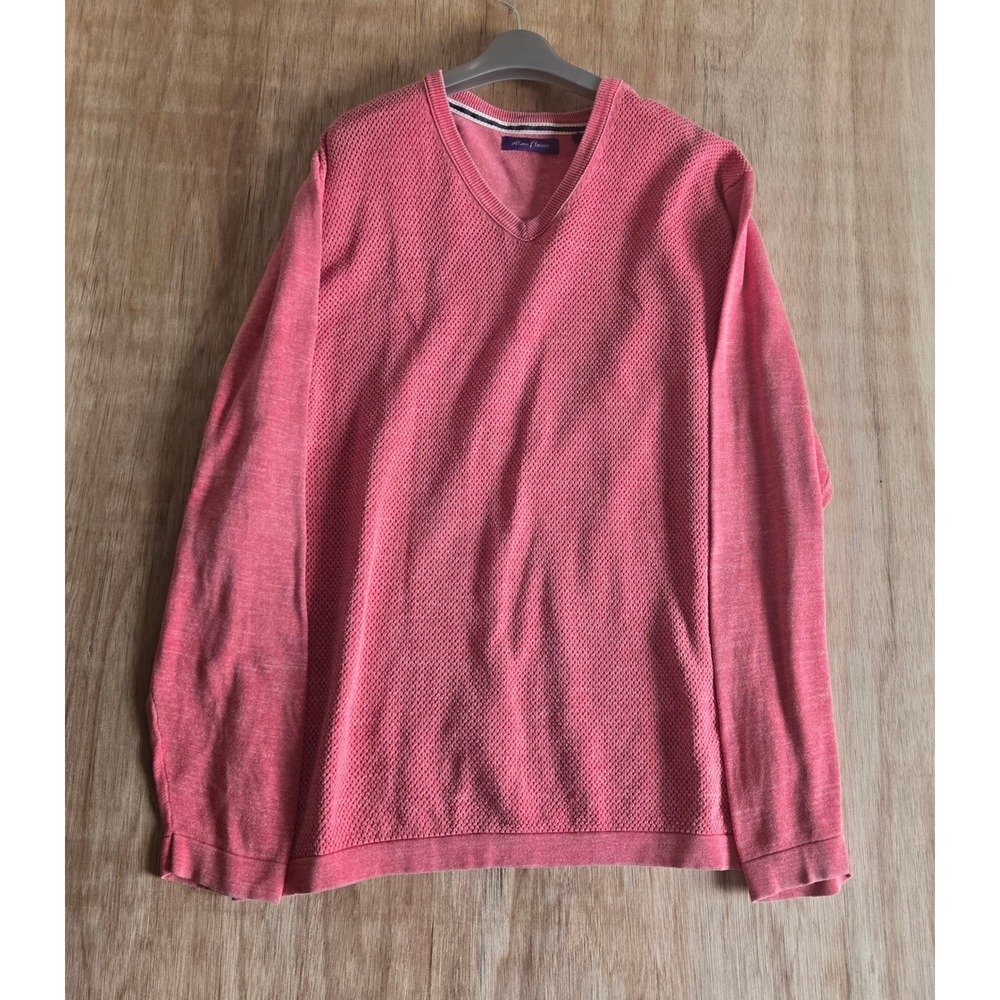 Alan Flusser Mens XXL V-Neck Sweater Coral Pink Cotton Textured Knit Pullover